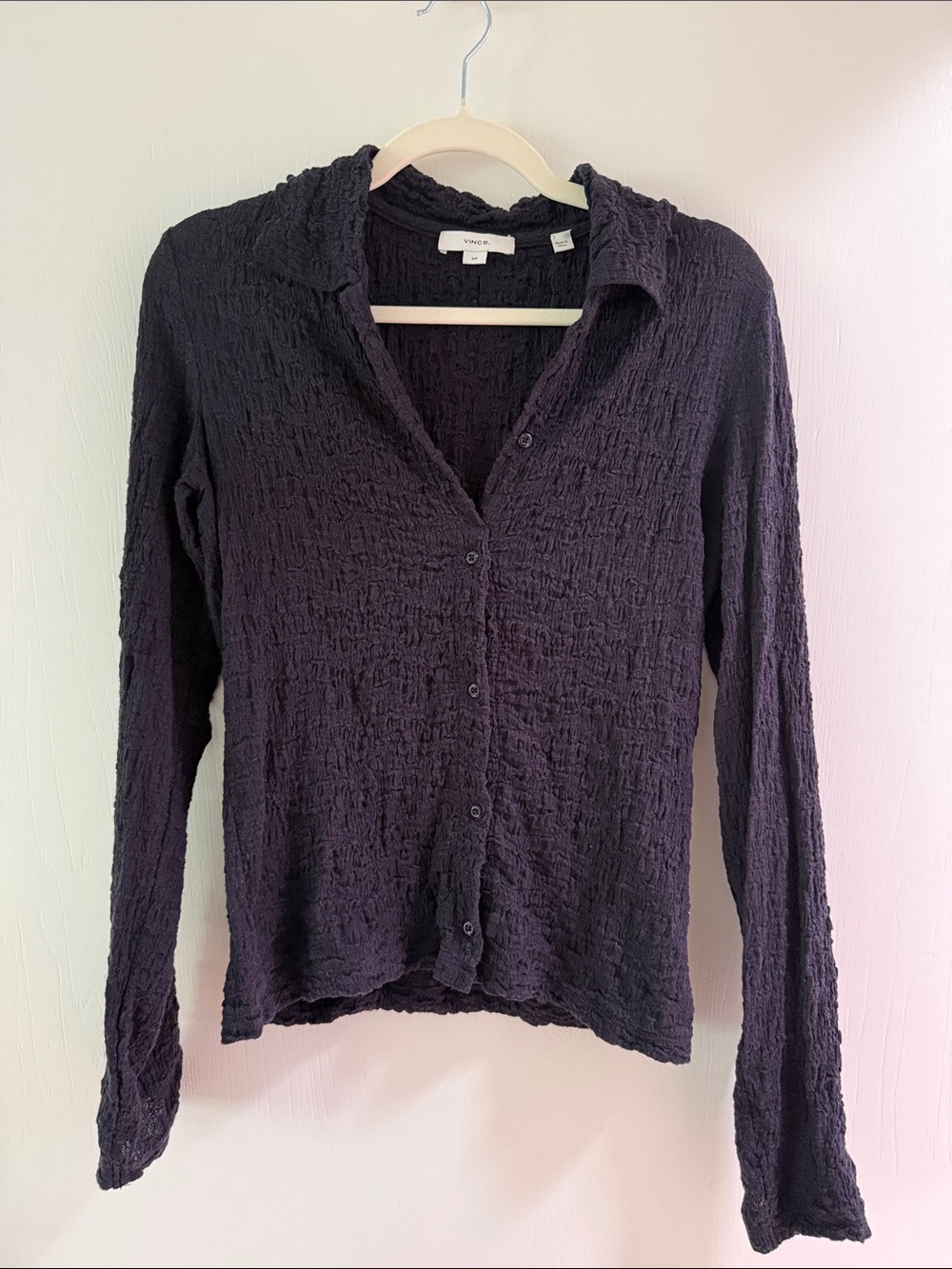 Vince Navy Crinkled Long-Sleeve Button-Down Shirt